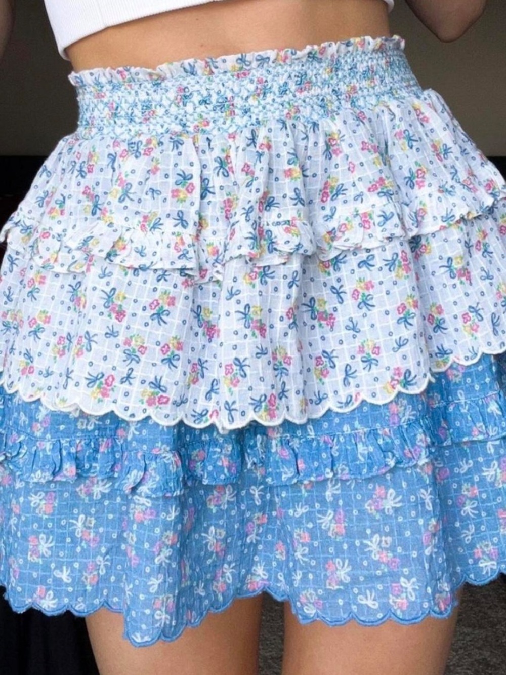 LoveShackFancy Blue & White Tiered Floral Mini Skirt